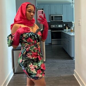 Floral Off-Shoulder Dress with Pink Accessories